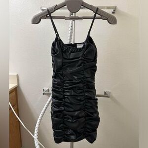 Skylar + Madison Scrunched Black Leather Mini Dress